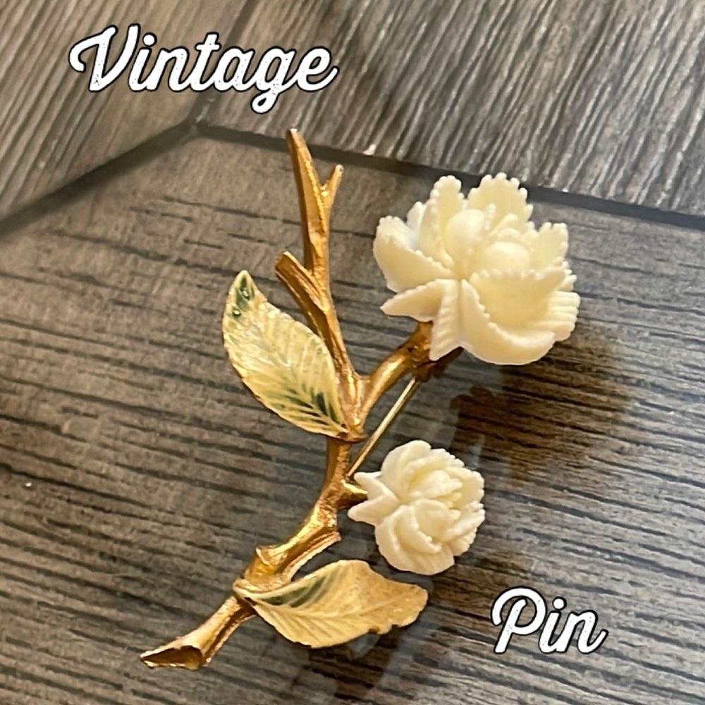 Vintage Two Rose Carved Style Brooch with Enamel Painted Leaves